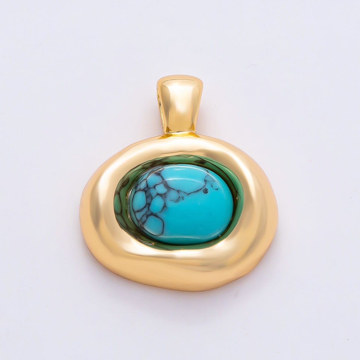 16K Gold Filled 22mm Turquoise Cabochon Gemstone Oval Molten Bezel Pendant | Charms - 00786 - DLUXCA
