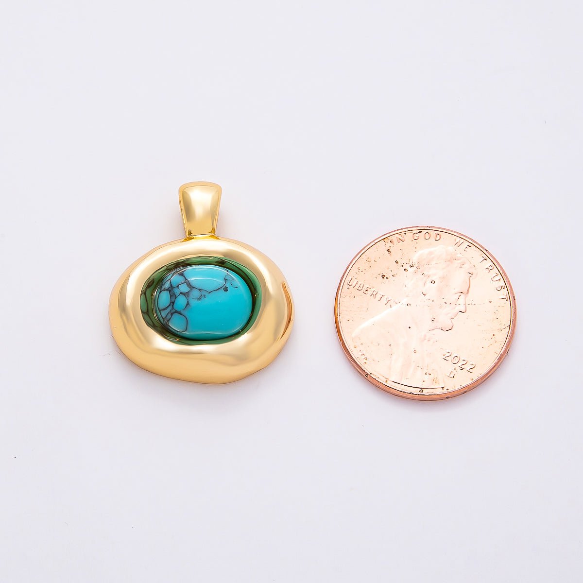 16K Gold Filled 22mm Turquoise Cabochon Gemstone Oval Molten Bezel Pendant | Charms - 00786 - DLUXCA