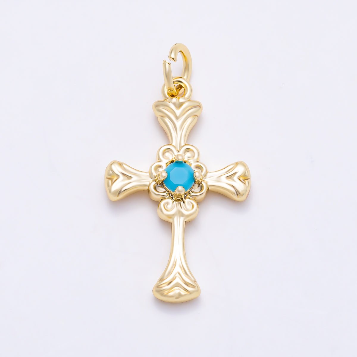 16K Gold Filled 22mm Turquoise CZ Vintage Filigree Cross Religious Charm in Gold & Silver | Charms-01865 - Charms-01866 - DLUXCA
