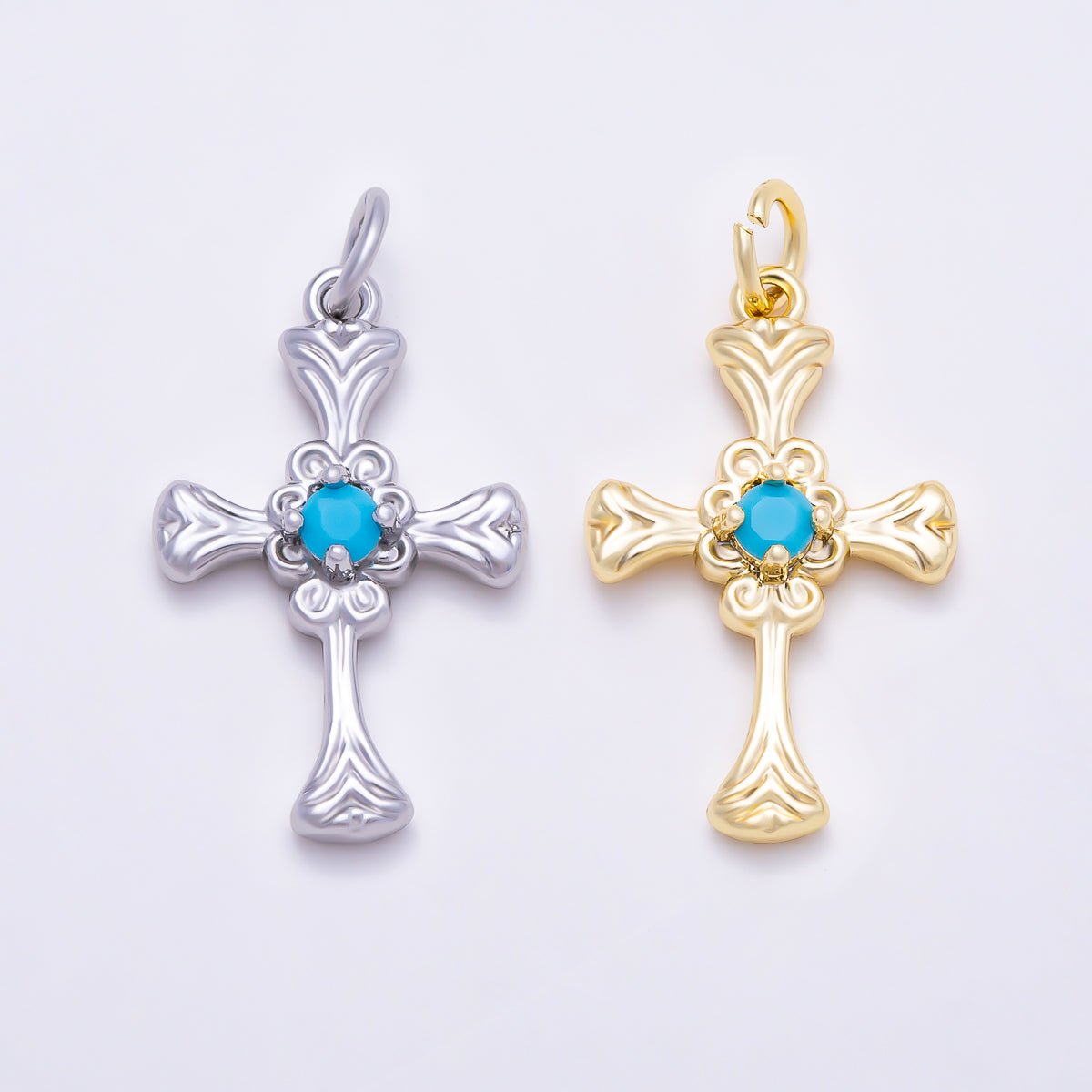 16K Gold Filled 22mm Turquoise CZ Vintage Filigree Cross Religious Charm in Gold & Silver | Charms-01865 - Charms-01866 - DLUXCA