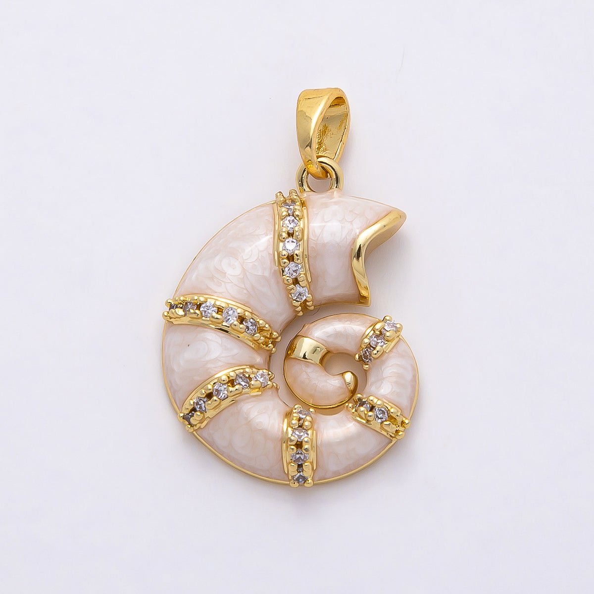 16K Gold Filled 22mm White Glitter Enamel Micro Paved CZ Conch Sea Shell Pendant | Charms - 00771 - DLUXCA