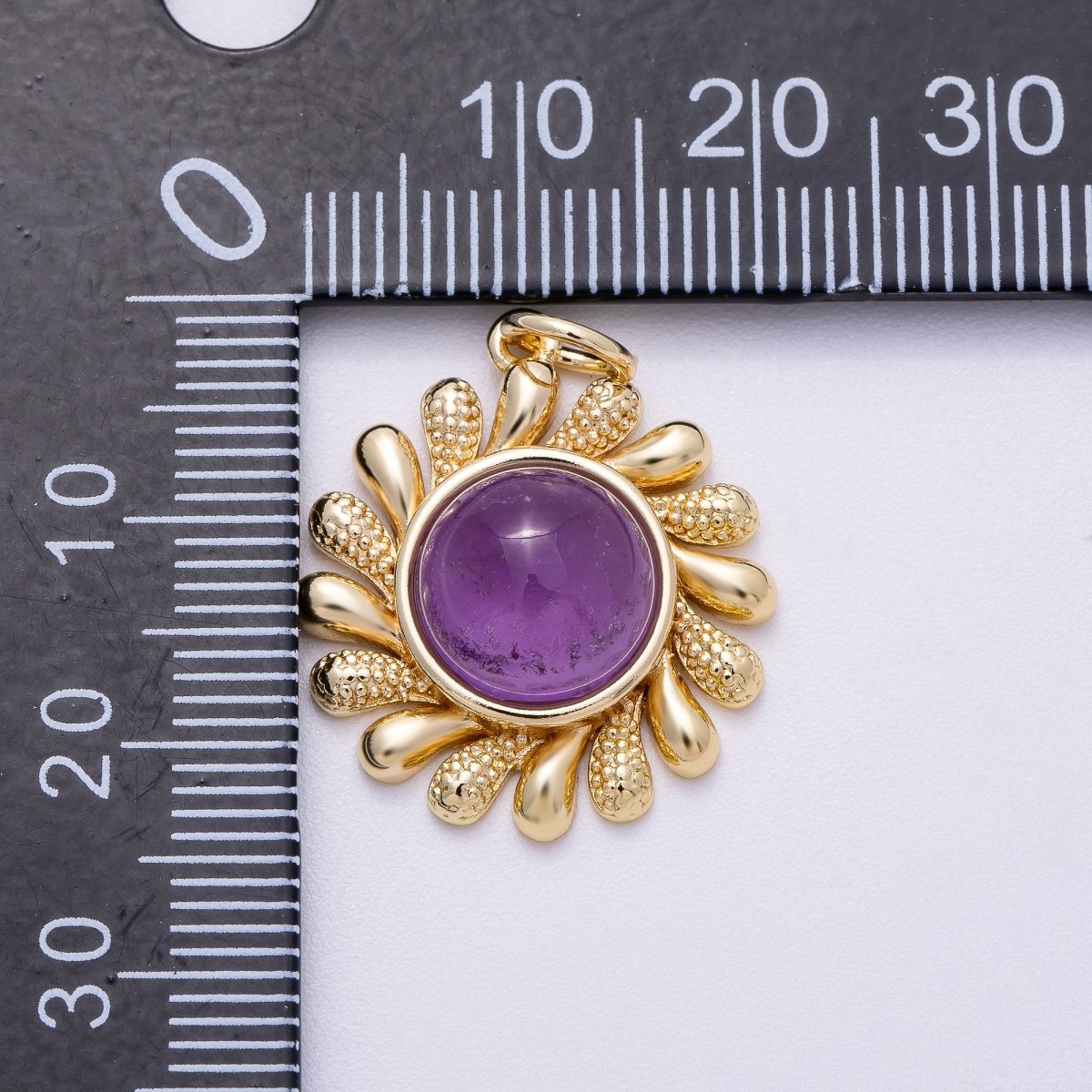 16K Gold Filled 23mm Amethyst, Carnelian Cabochon Gemstone Celestial Sun Ray Charm | Charms - 00610 Charms - 00611 - DLUXCA