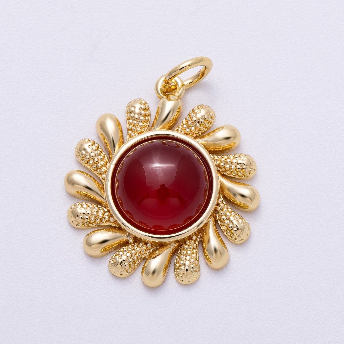 16K Gold Filled 23mm Amethyst, Carnelian Cabochon Gemstone Celestial Sun Ray Charm | Charms - 00610 Charms - 00611 - DLUXCA