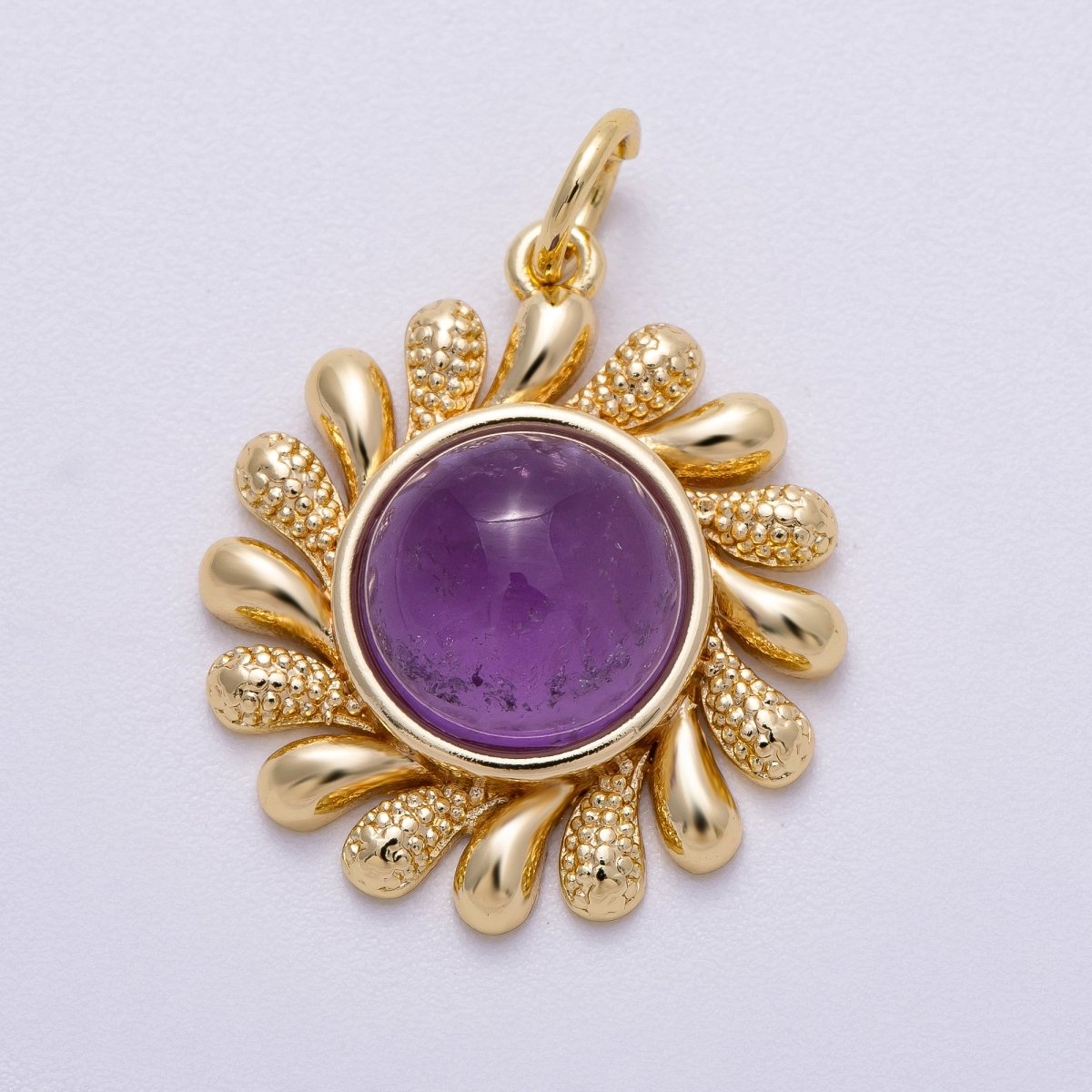 16K Gold Filled 23mm Amethyst, Carnelian Cabochon Gemstone Celestial Sun Ray Charm | Charms - 00610 Charms - 00611 - DLUXCA