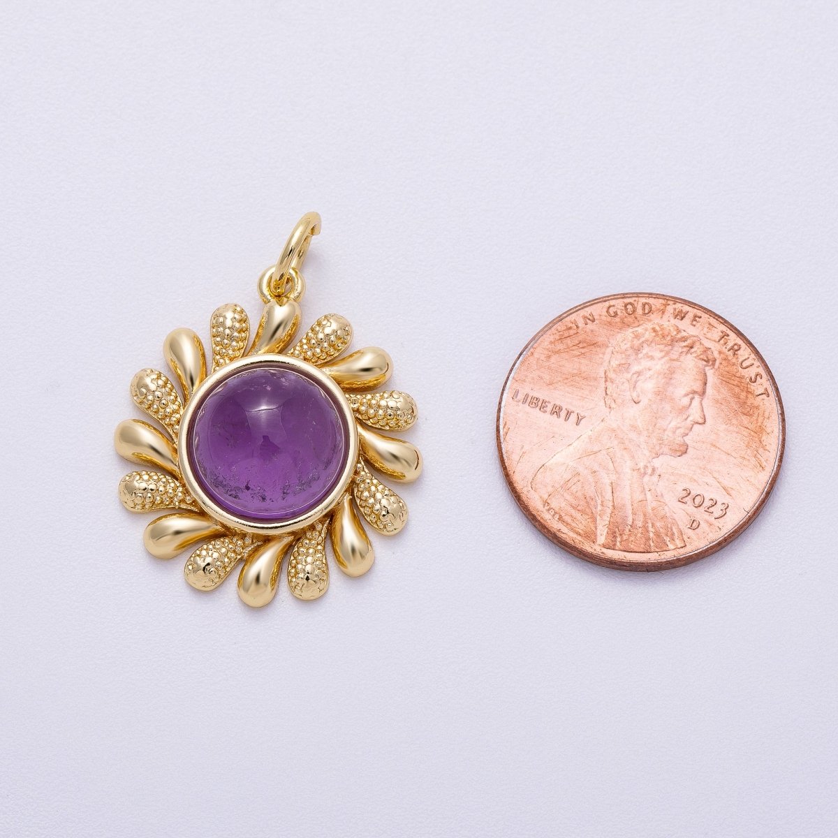 16K Gold Filled 23mm Amethyst, Carnelian Cabochon Gemstone Celestial Sun Ray Charm | Charms - 00610 Charms - 00611 - DLUXCA
