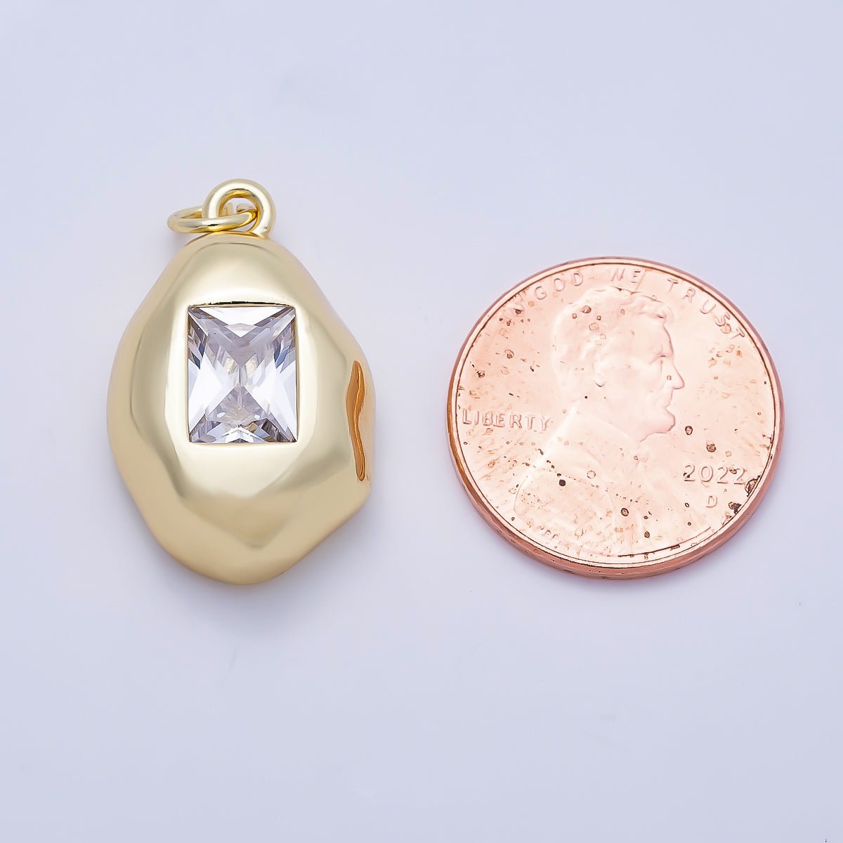 16K Gold Filled 23mm Clear CZ Baguette Geometric Molten Bezel Chubby Charm | Charms-01358 - DLUXCA