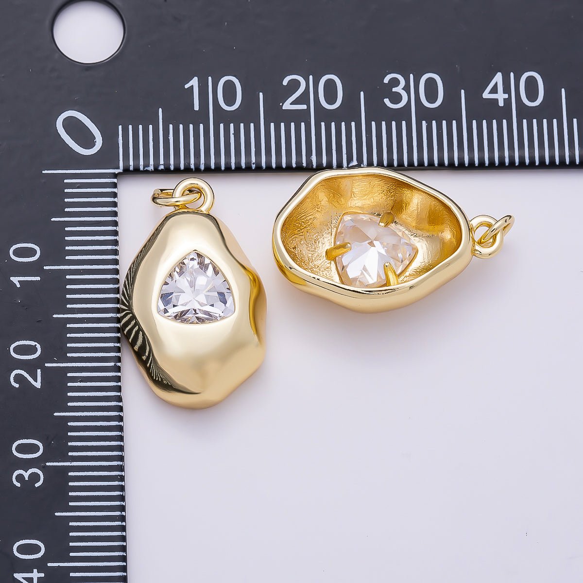 16K Gold Filled 23mm Clear CZ Triangle Geometric Molten Bezel Chubby Charm | Charms-01357 - DLUXCA