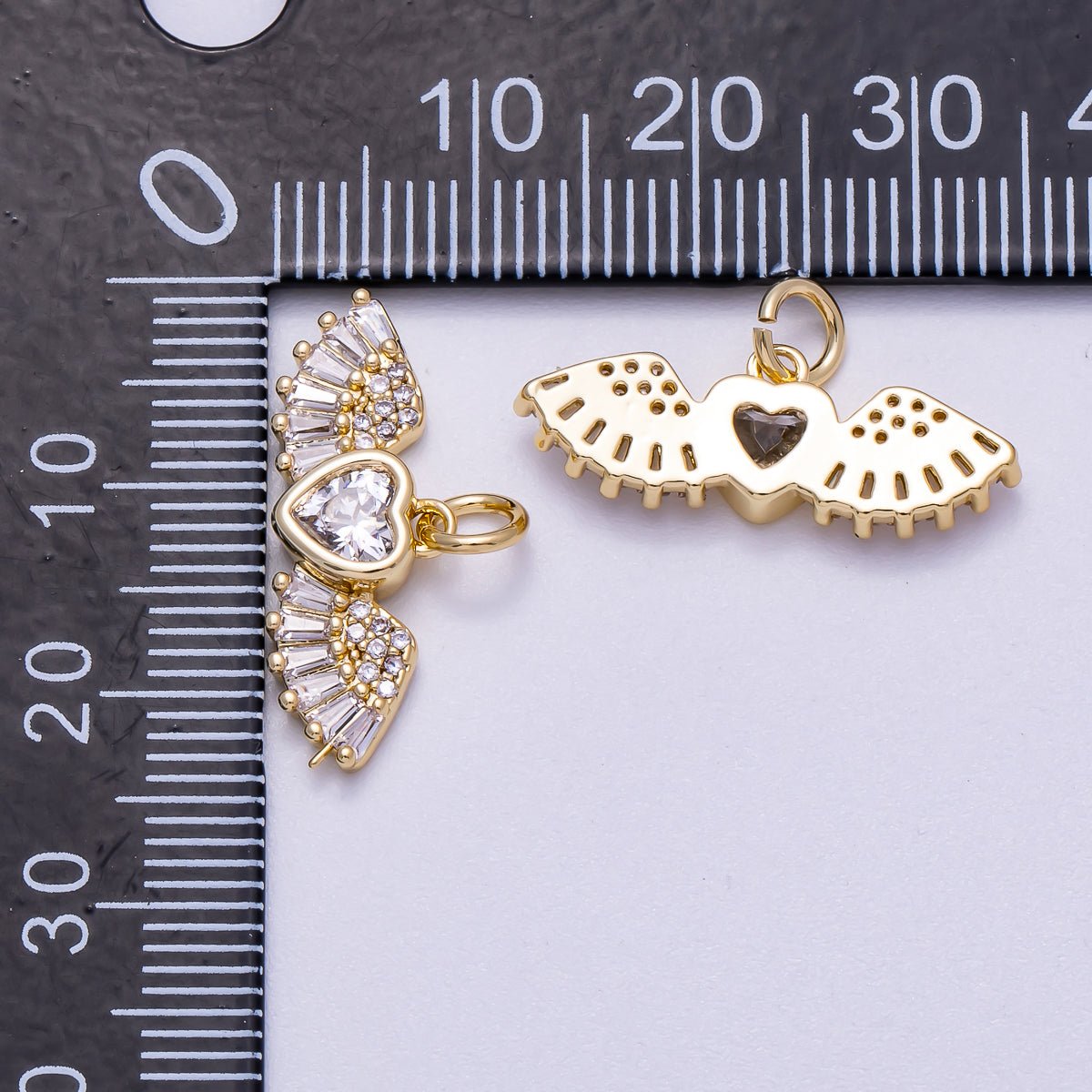 16K Gold Filled 23mm Clear Micro Paved CZ Baguette Heart Angel Wings Charm | Charms - 00540 - DLUXCA