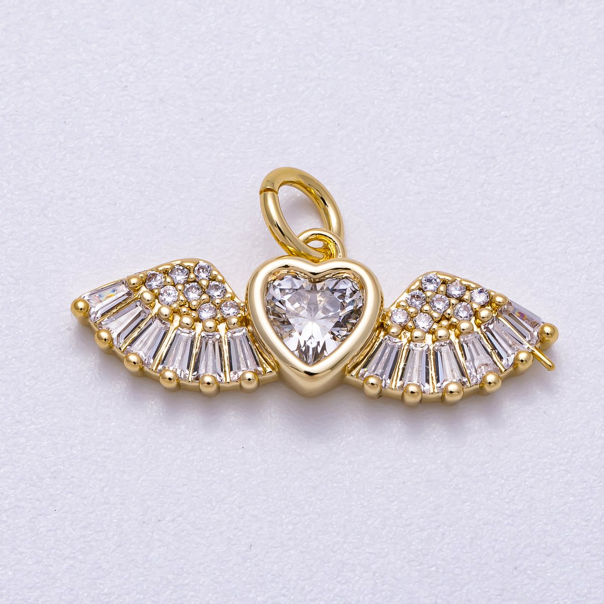 16K Gold Filled 23mm Clear Micro Paved CZ Baguette Heart Angel Wings Charm | Charms - 00540 - DLUXCA