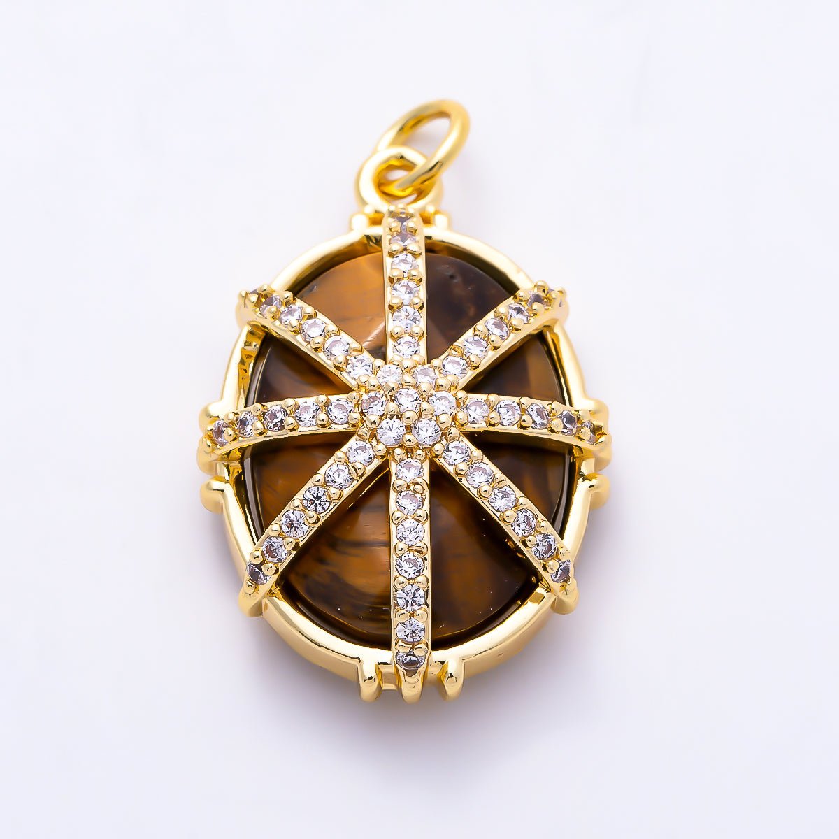 16K Gold Filled 23mm Micro Paved CZ Oval Natural Gemstone Starburst Overlay Pendant | Charms-01659 - Charms-01661 - DLUXCA