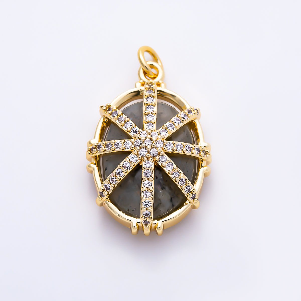 16K Gold Filled 23mm Micro Paved CZ Oval Natural Gemstone Starburst Overlay Pendant | Charms-01659 - Charms-01661 - DLUXCA