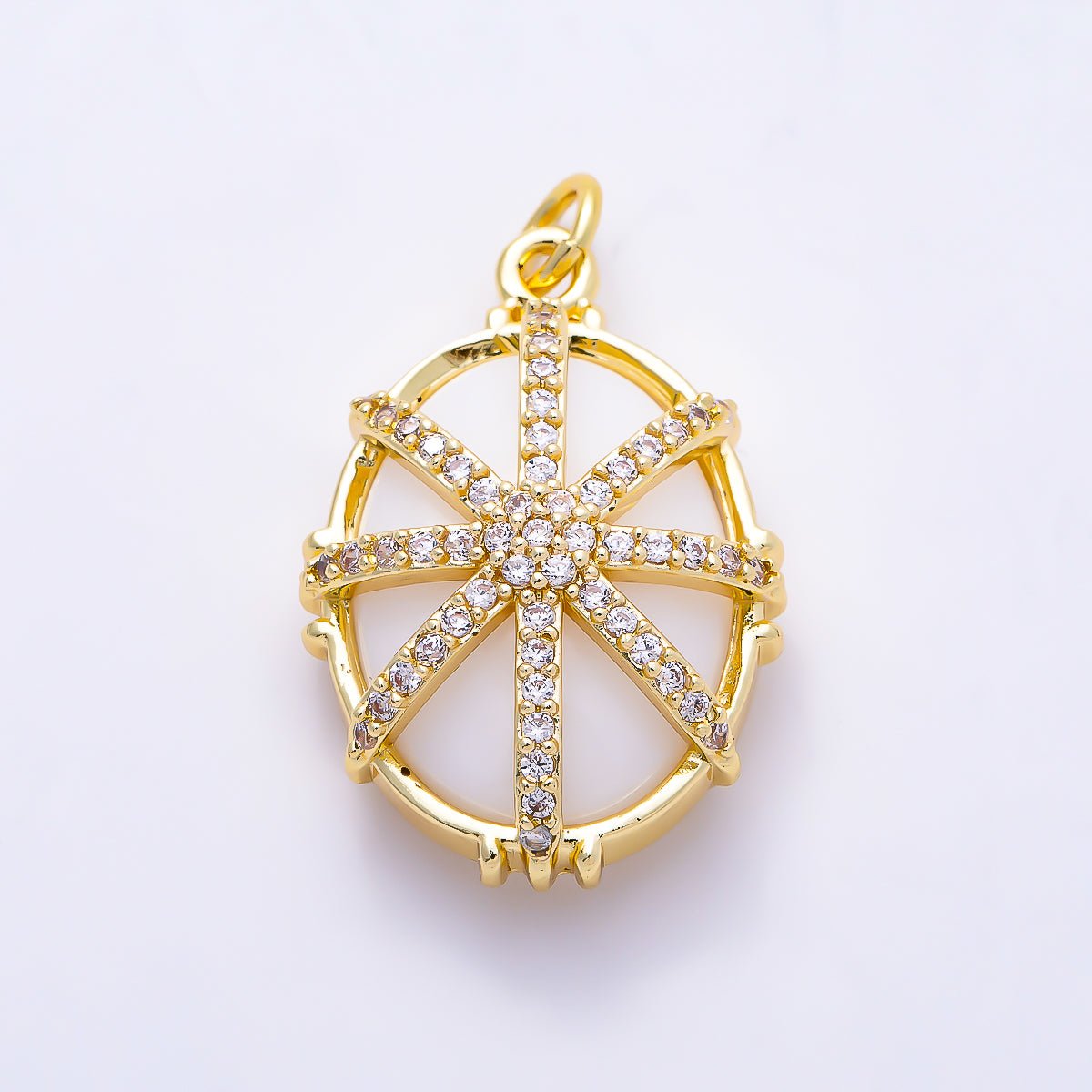 16K Gold Filled 23mm Micro Paved CZ Oval Natural Gemstone Starburst Overlay Pendant | Charms-01659 - Charms-01661 - DLUXCA