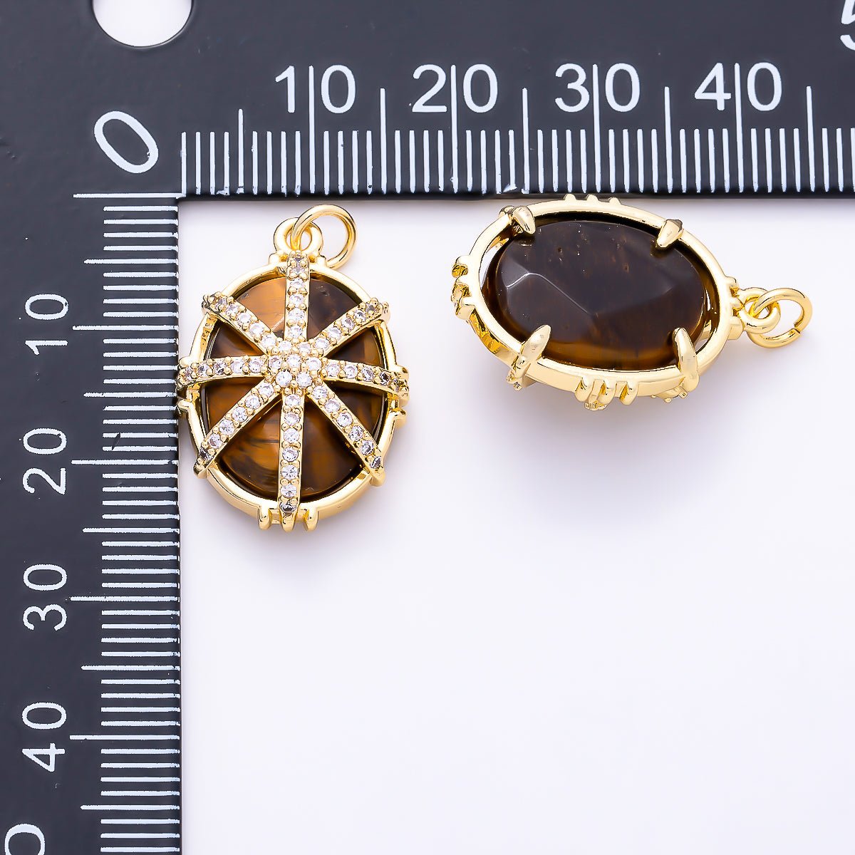 16K Gold Filled 23mm Micro Paved CZ Oval Natural Gemstone Starburst Overlay Pendant | Charms-01659 - Charms-01661 - DLUXCA