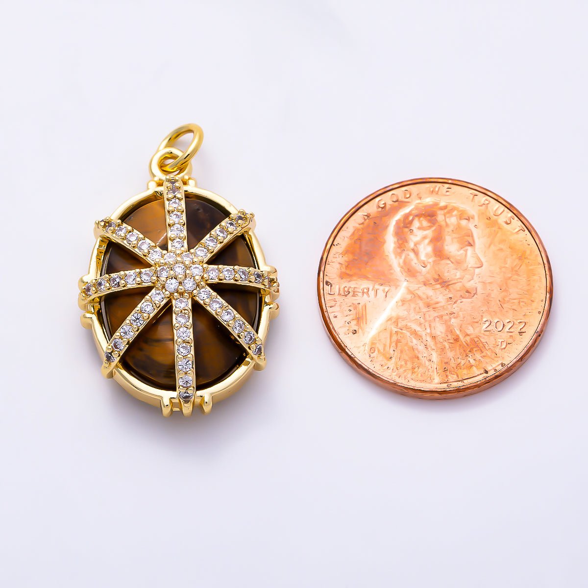 16K Gold Filled 23mm Micro Paved CZ Oval Natural Gemstone Starburst Overlay Pendant | Charms-01659 - Charms-01661 - DLUXCA