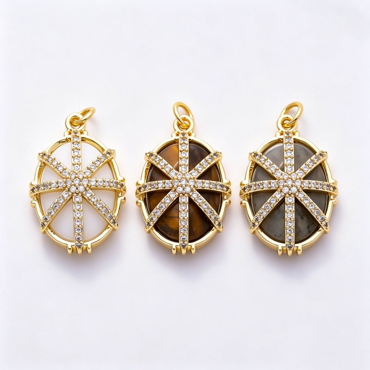 16K Gold Filled 23mm Micro Paved CZ Oval Natural Gemstone Starburst Overlay Pendant | Charms-01659 - Charms-01661 - DLUXCA