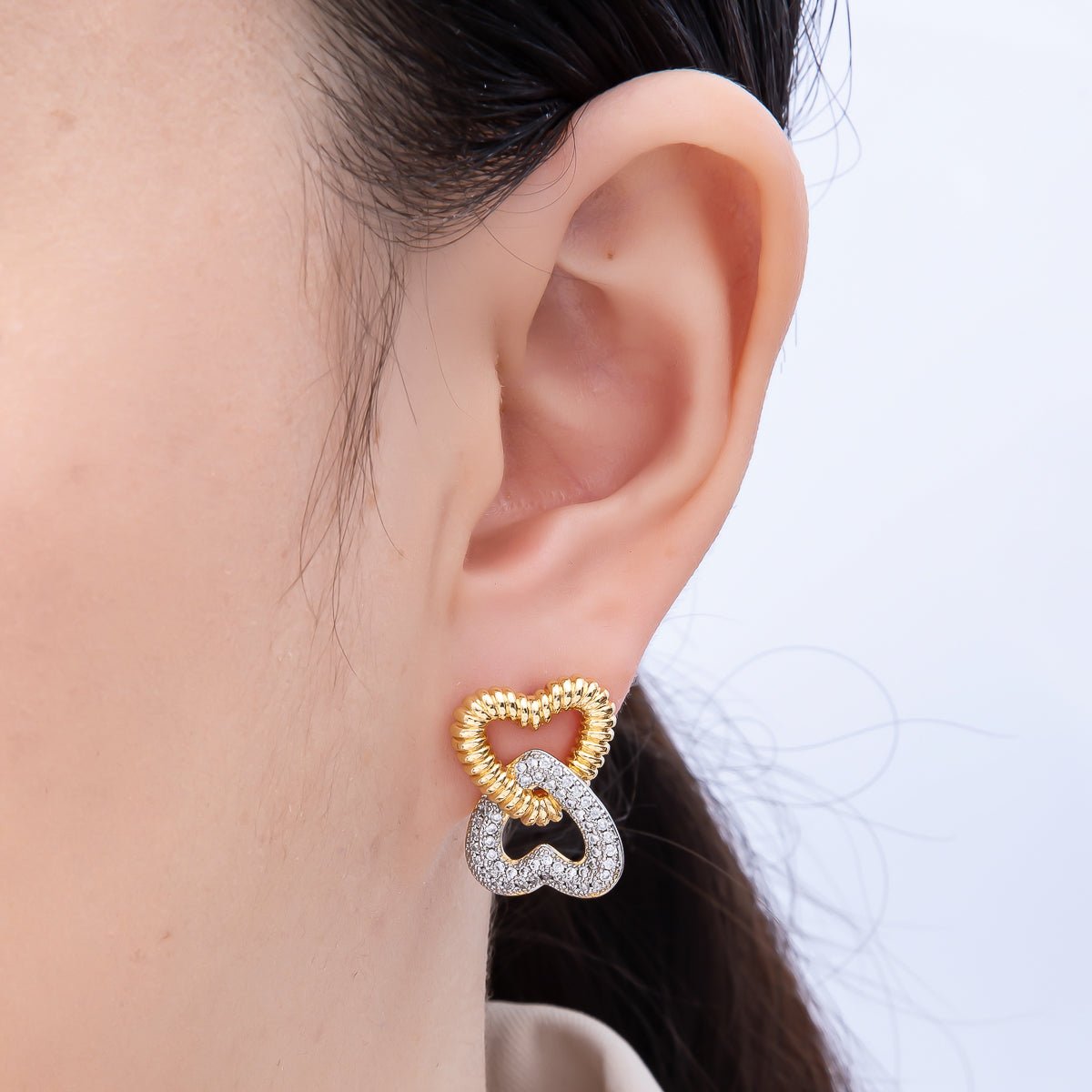 16K Gold Filled 23mm Micro Paved CZ Ribbed Heart Interlock Drop Stud Earrings | Earrings - 00364 - DLUXCA