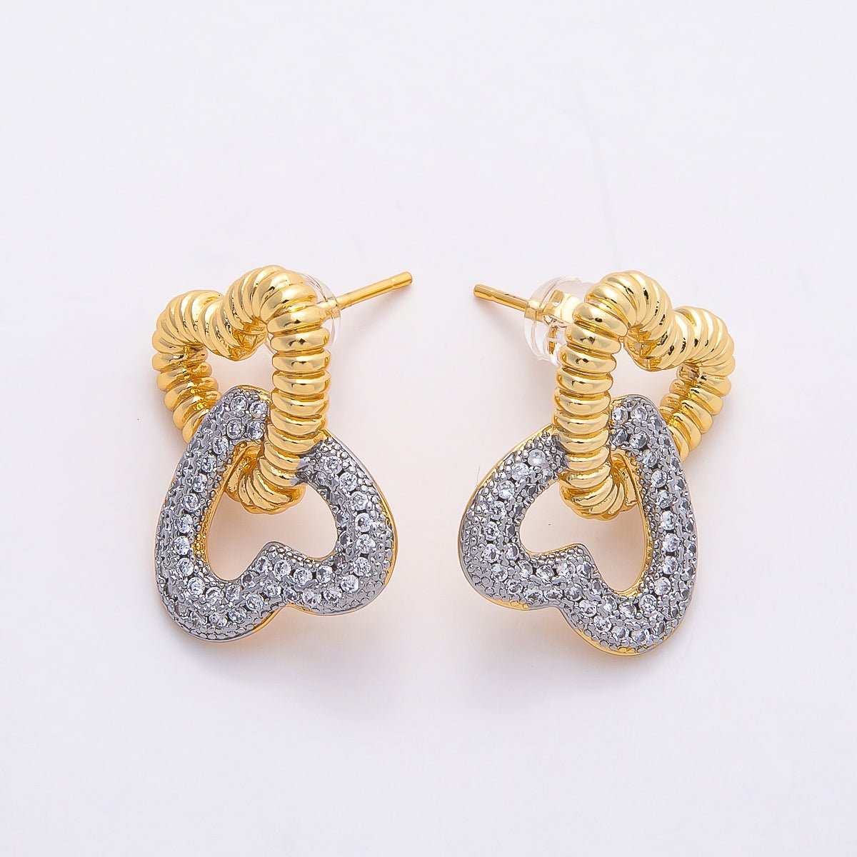 16K Gold Filled 23mm Micro Paved CZ Two Toned Double Love Heart Interlocking Drop Stud Earrings | Earrings - 00364 - DLUXCA