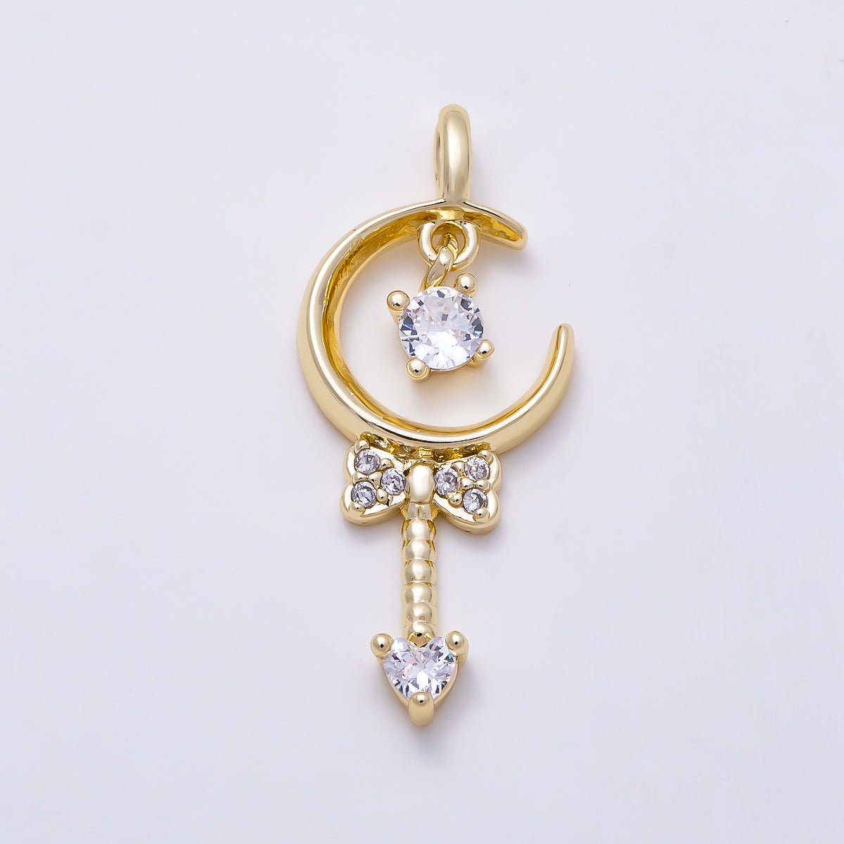 16K Gold Filled 23mm Micro Paved Ribbon Bow Heart CZ Magical Crescent Moon Wand Pendant | Charms-01615 - DLUXCA