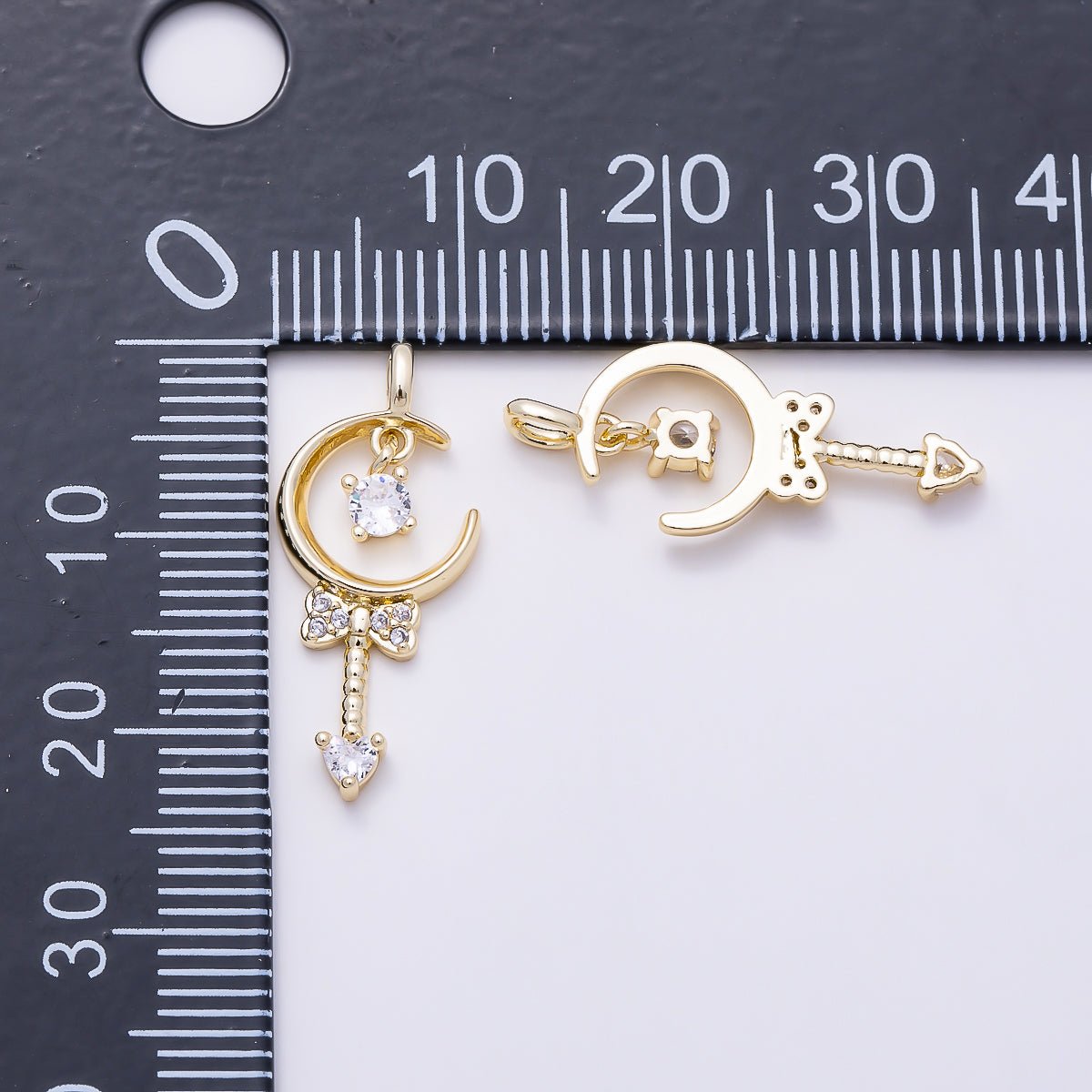 16K Gold Filled 23mm Micro Paved Ribbon Bow Heart CZ Magical Crescent Moon Wand Pendant | Charms-01615 - DLUXCA