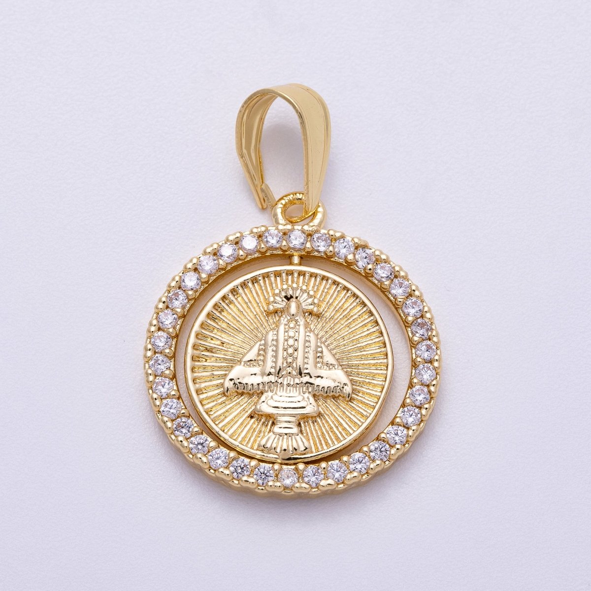 16K Gold Filled 23mm Mother Mary Micro Paved CZ Ribbed Religious Medallion Pendant | Charms - 00562 - DLUXCA