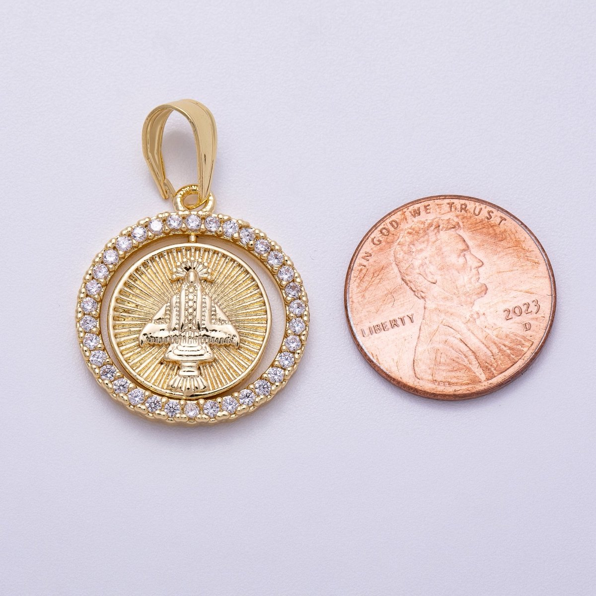 16K Gold Filled 23mm Mother Mary Micro Paved CZ Ribbed Religious Medallion Pendant | Charms - 00562 - DLUXCA