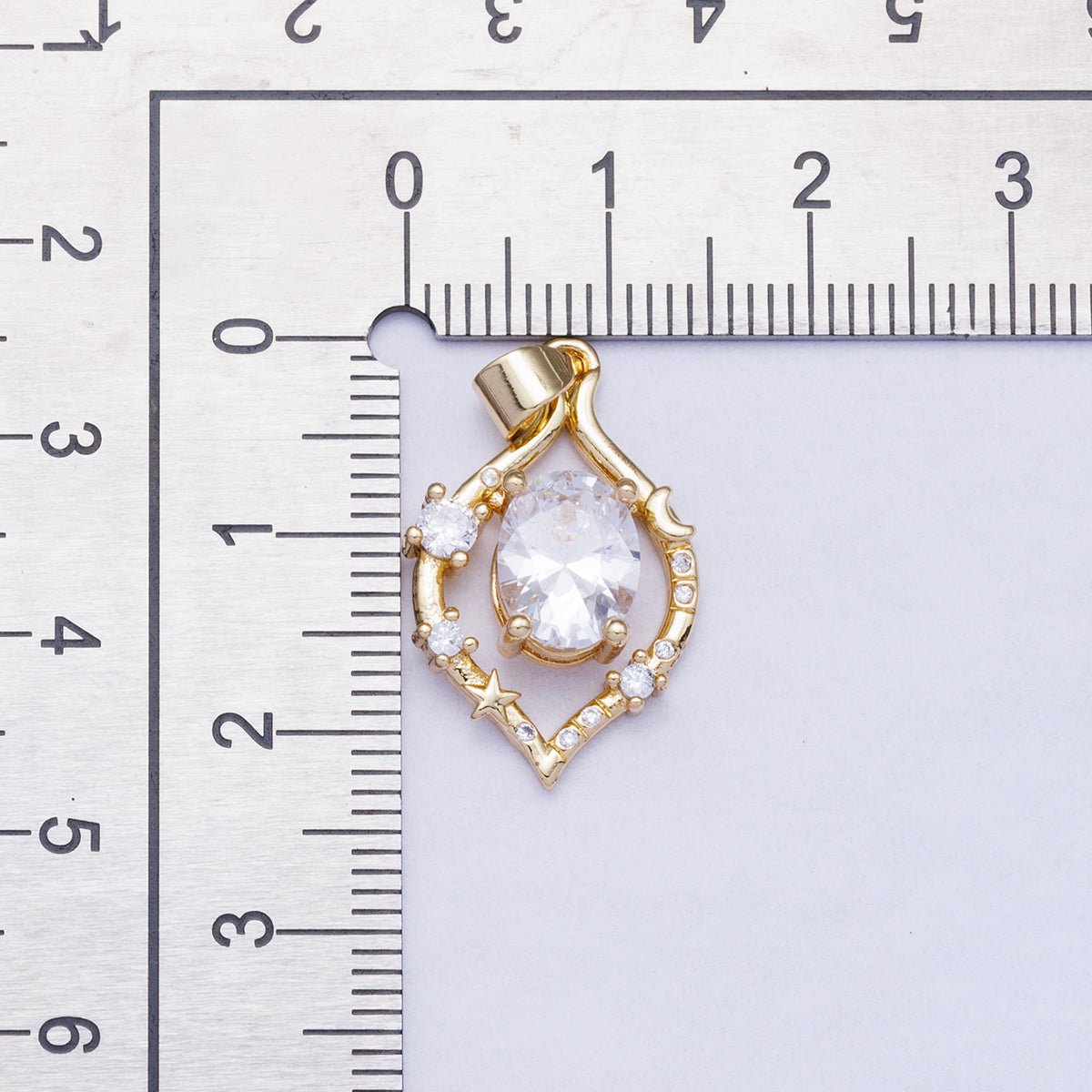 16K Gold Filled 23mm Oval CZ Sparkling Celestial Star and Moon Pendant | Charms - 00481 - DLUXCA