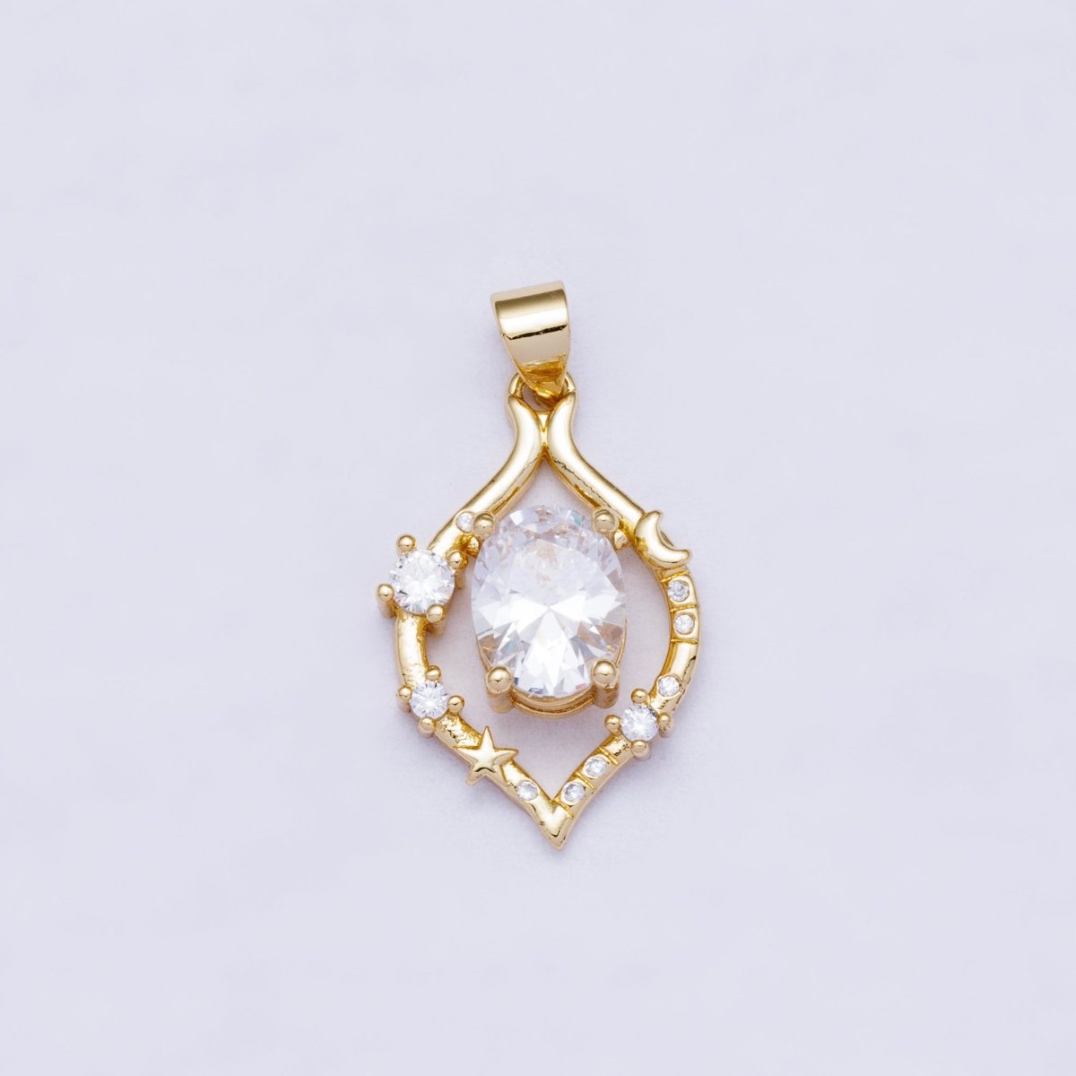 16K Gold Filled 23mm Oval CZ Sparkling Celestial Star and Moon Pendant | Charms - 00481 - DLUXCA