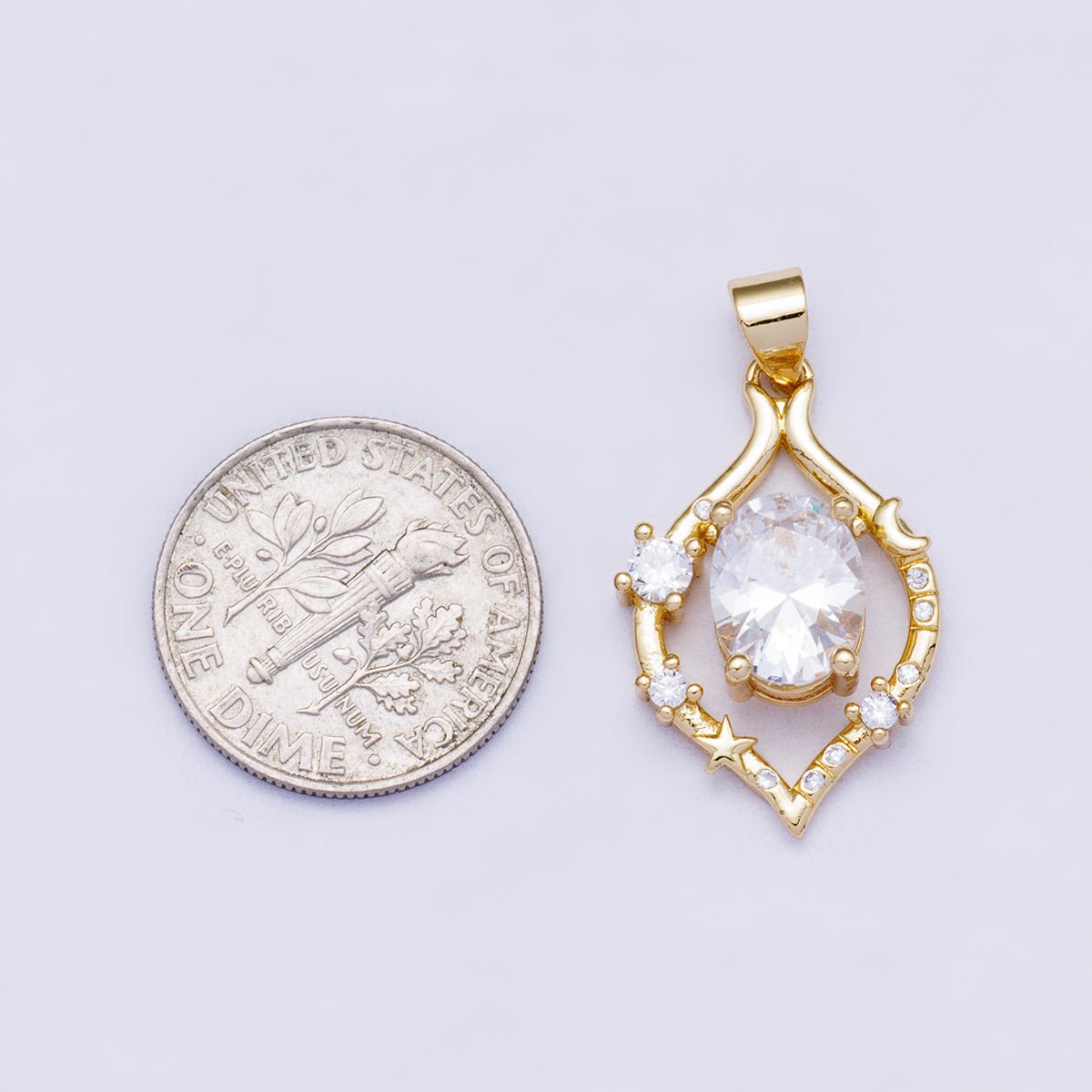 16K Gold Filled 23mm Oval CZ Sparkling Celestial Star and Moon Pendant | Charms - 00481 - DLUXCA