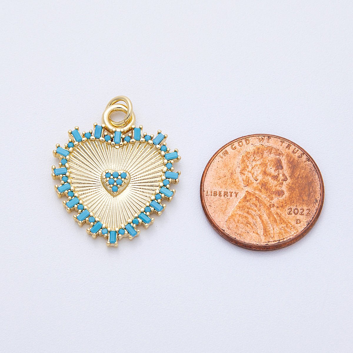 16K Gold Filled 23mm Turquoise Paved Baguette Sunburst Heart Charm | Charms - 00127 - DLUXCA