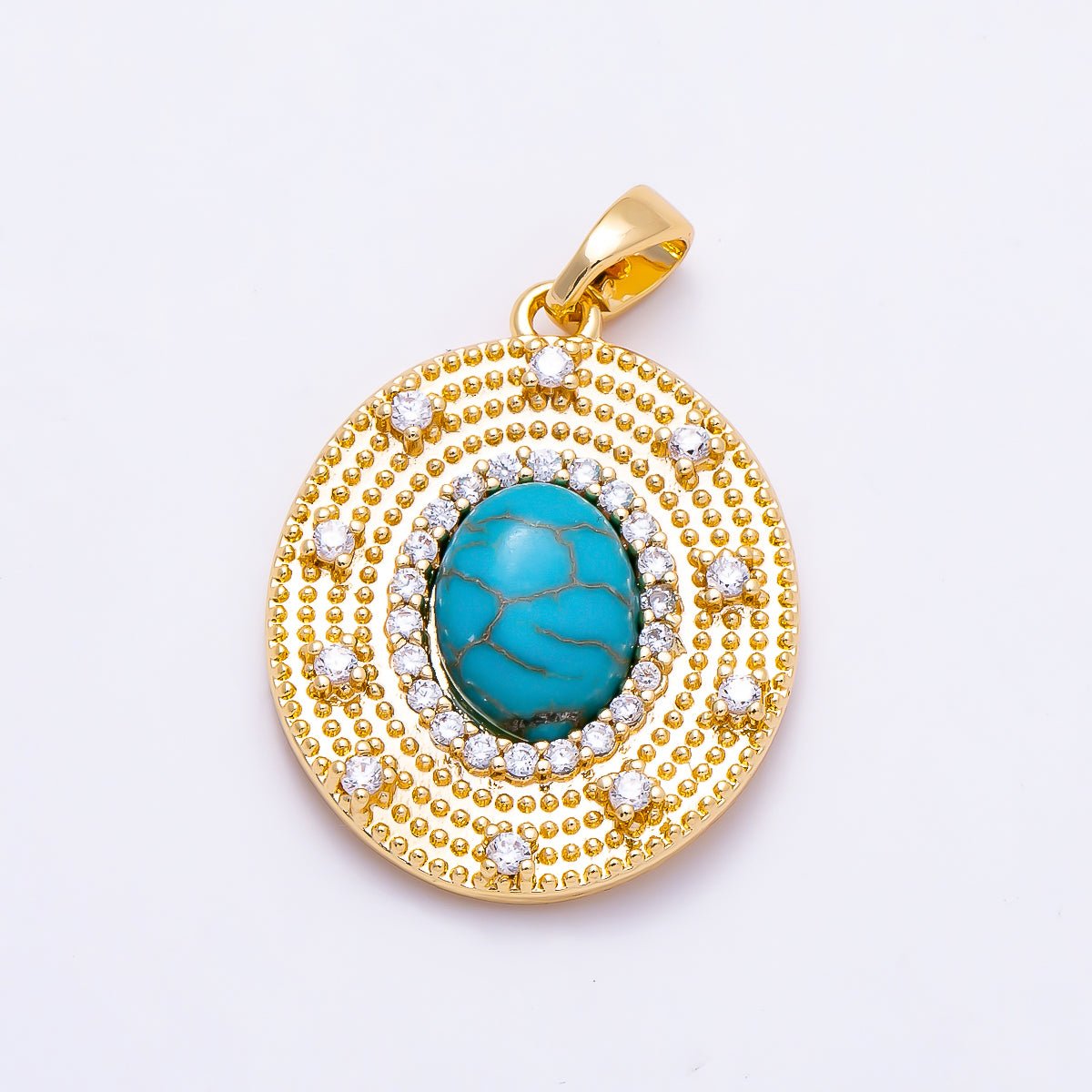 16K Gold Filled 23mm Turquoise, Tiger Eye Cabochon Micro Paved CZ Dotted Oval Pendant | Charms-01495 Charms-01496 - DLUXCA
