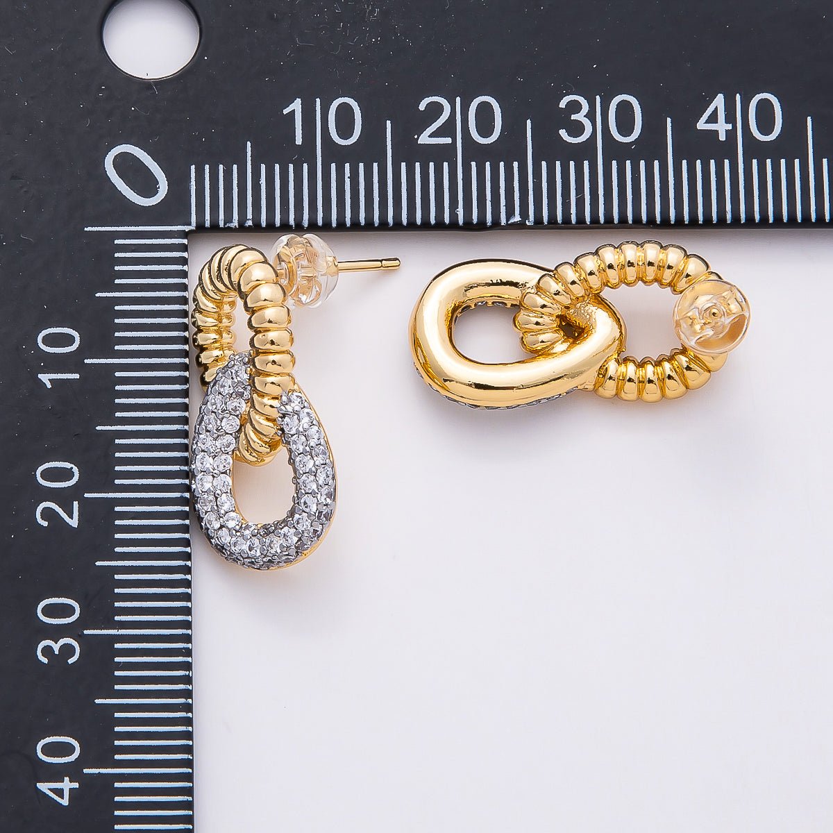 16K Gold Filled 23mm Two Toned CZ Double Row Interlocking Drop Stud Earrings | Earrings - 00363 - DLUXCA