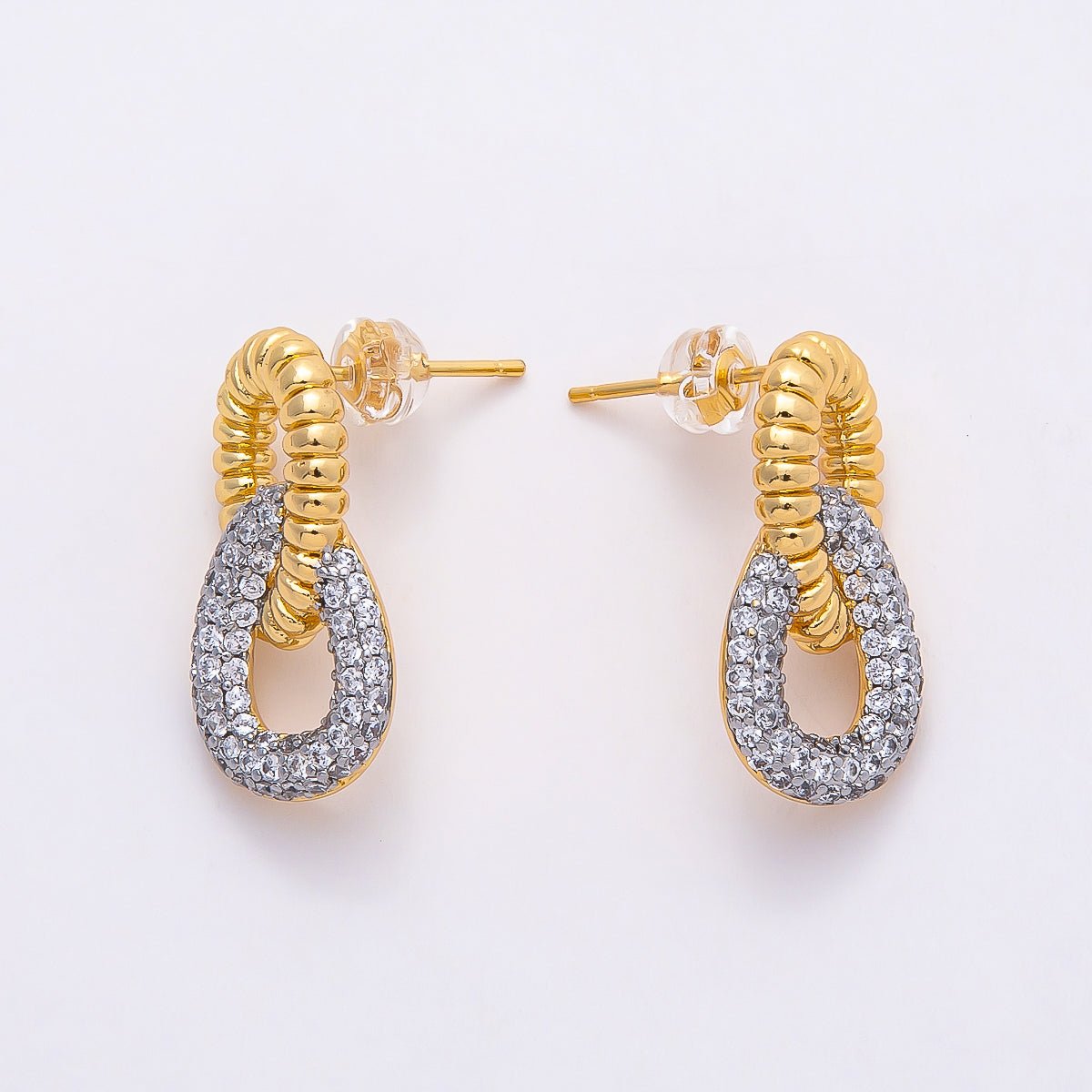 16K Gold Filled 23mm Two Toned CZ Double Row Interlocking Drop Stud Earrings | Earrings - 00363 - DLUXCA