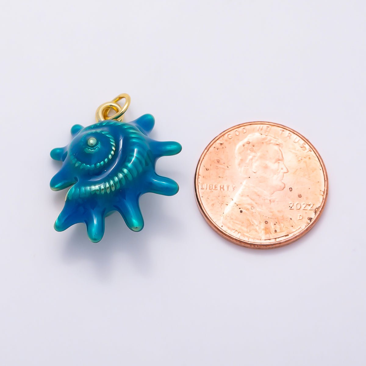 16K Gold Filled 23mm White, Blue Enamel Natural Conch Sea Shell 3D Multidimensional Charm | Charms-01506 - DLUXCA
