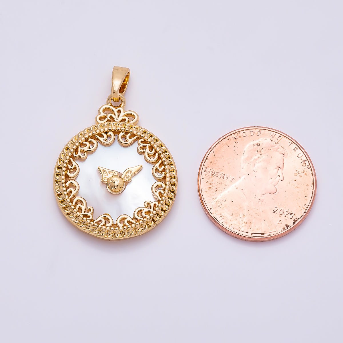 16K Gold Filled 24.5mm Mother of Pearl Clock Artisan Bezel Round Pendant in Gold & Silver | Charms-01362 - DLUXCA