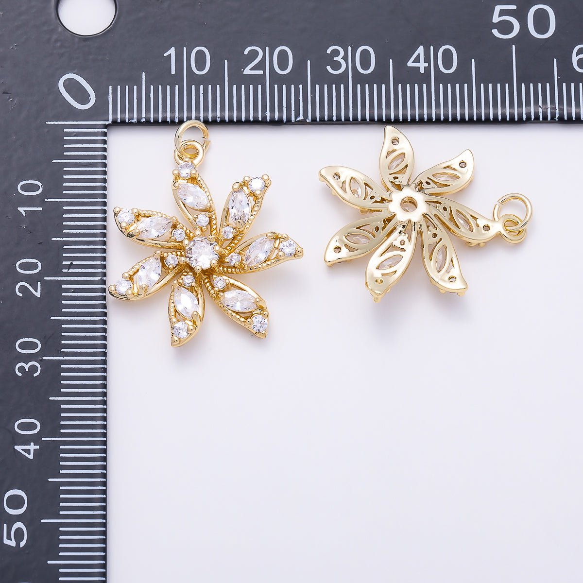 16K Gold Filled 24mm Clear CZ Marquise Round Petal Flower Charm | Charms-01546 - DLUXCA