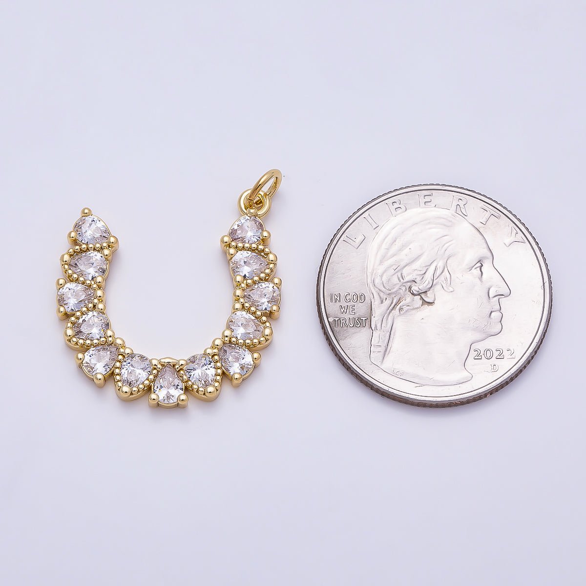 16K Gold Filled 24mm Clear CZ Teardrop Horseshoe Charm | Charms-01350 - DLUXCA