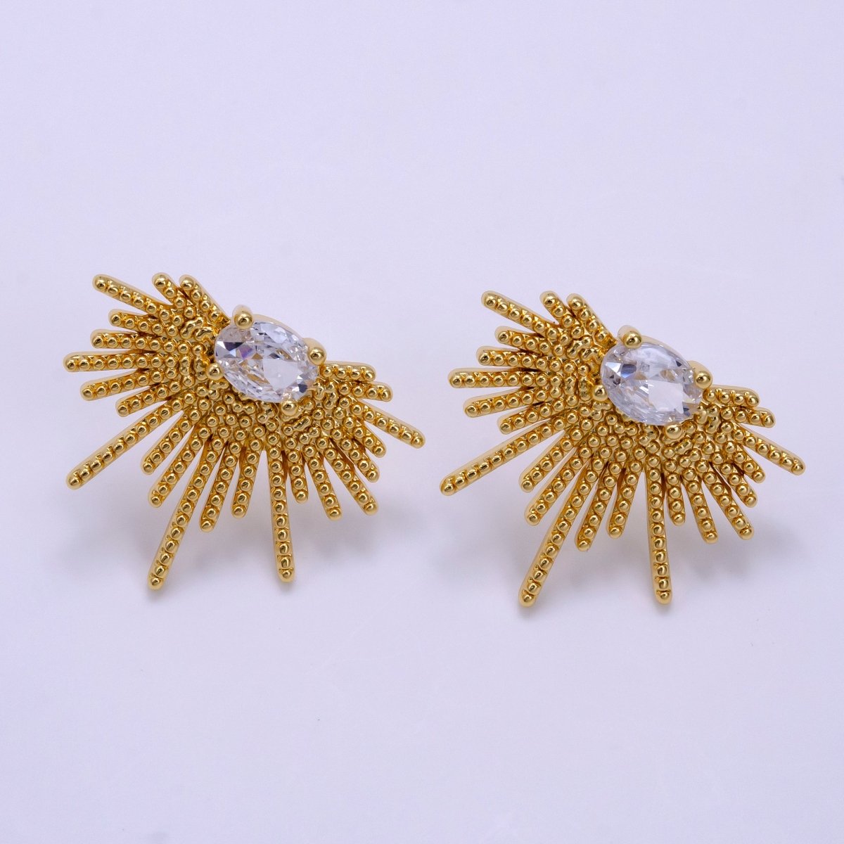 16K Gold Filled 24mm Clear Oval CZ Geometric Sunburst Drop Stud Earrings | Clearance - DLUXCA