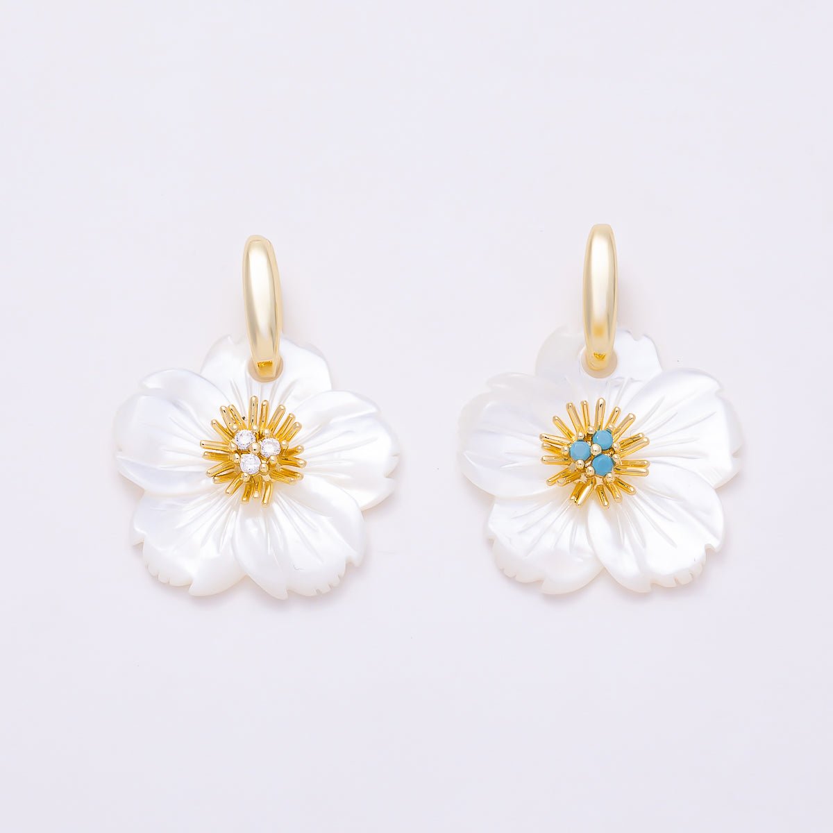 16K Gold Filled 24mm Clear & Turquoise Triple CZ Carved Mother of Pearl Hibiscus Flower Pendant | Charms-01879 - Charms-01880 - DLUXCA