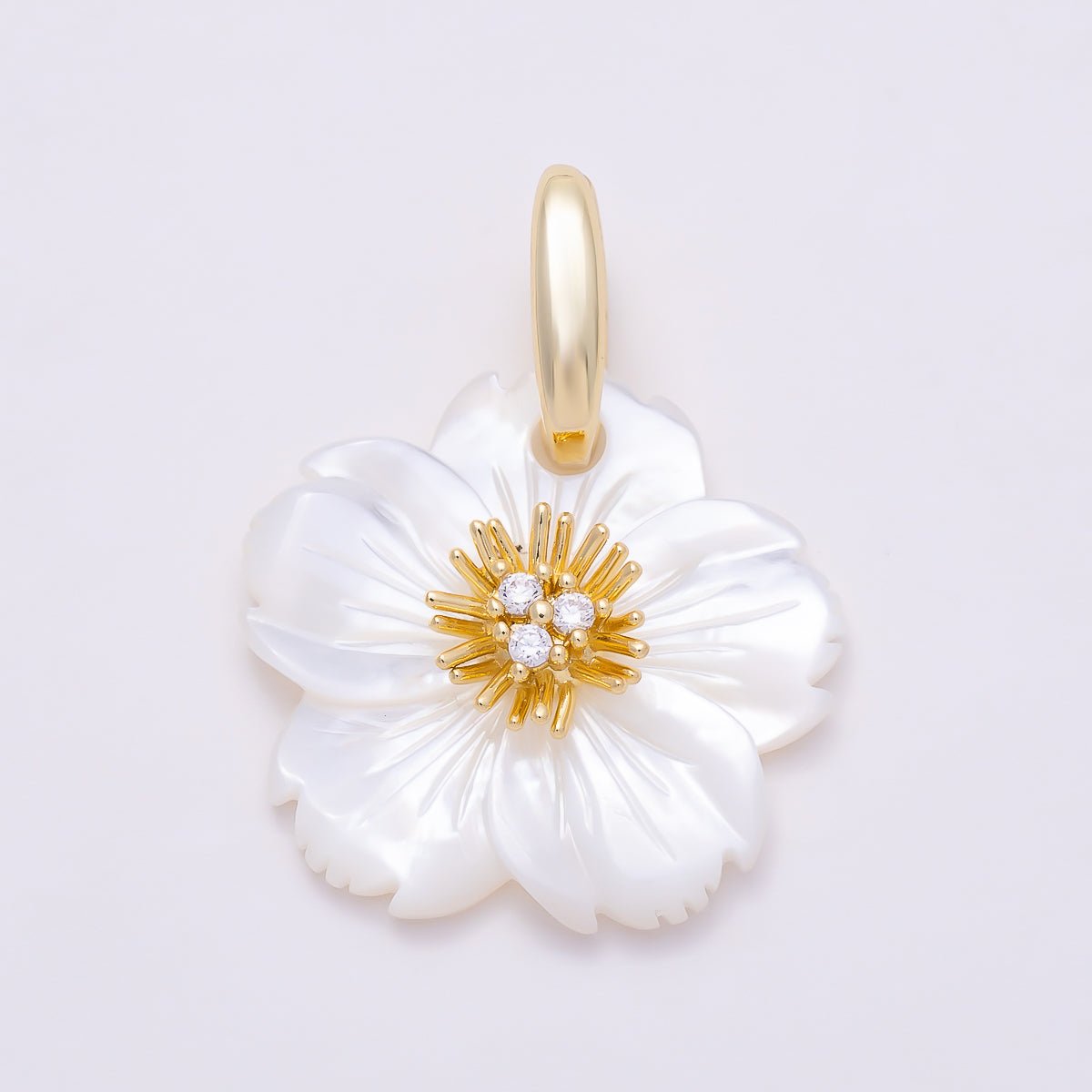 16K Gold Filled 24mm Clear & Turquoise Triple CZ Carved Mother of Pearl Hibiscus Flower Pendant | Charms-01879 - Charms-01880 - DLUXCA