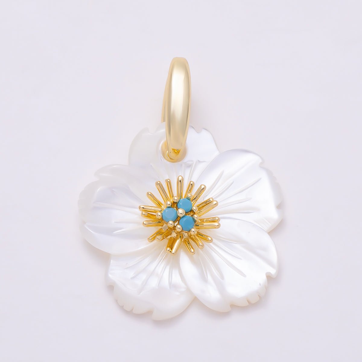 16K Gold Filled 24mm Clear & Turquoise Triple CZ Carved Mother of Pearl Hibiscus Flower Pendant | Charms-01879 - Charms-01880 - DLUXCA