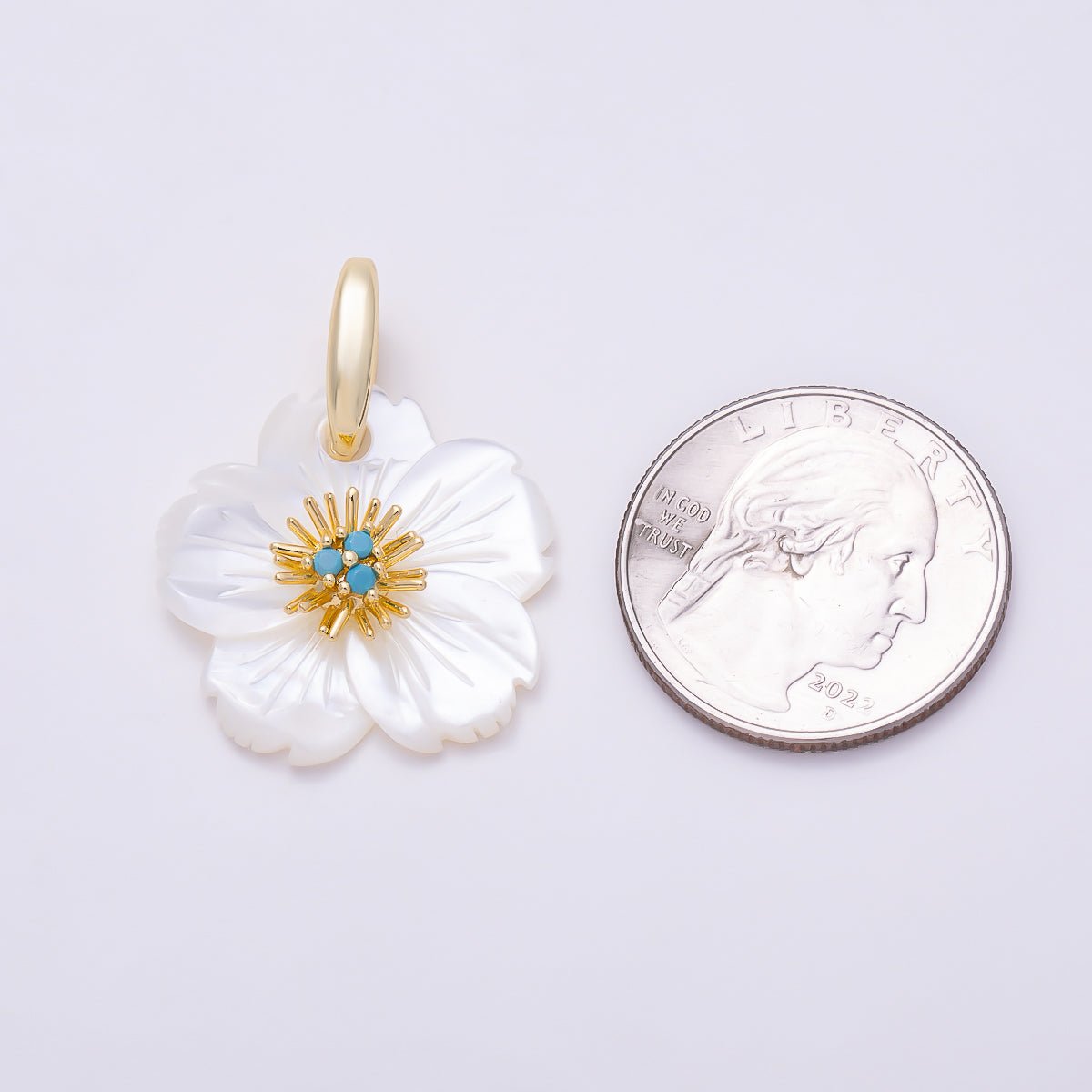 16K Gold Filled 24mm Clear & Turquoise Triple CZ Carved Mother of Pearl Hibiscus Flower Pendant | Charms-01879 - Charms-01880 - DLUXCA
