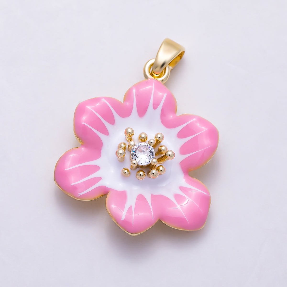 16K Gold Filled 24mm CZ Pink White Enamel Blooming Flower Pendant | Charms-02003 - DLUXCA