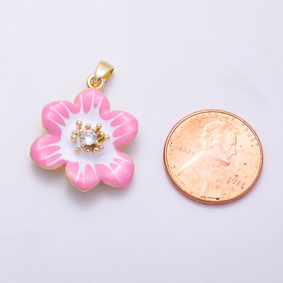 16K Gold Filled 24mm CZ Pink White Enamel Blooming Flower Pendant | Charms-02003 - DLUXCA