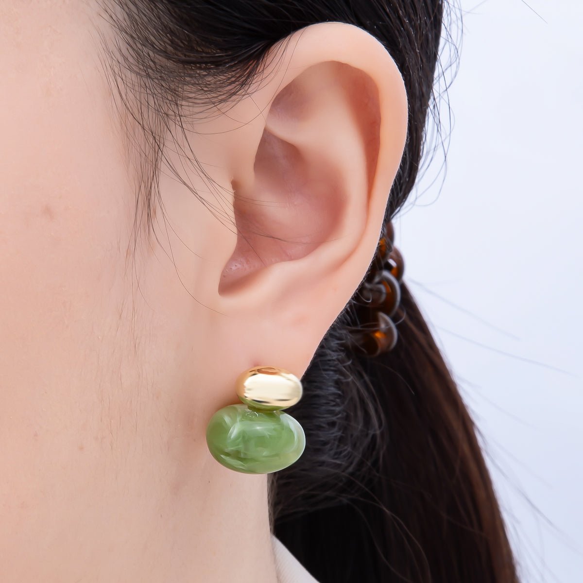 16K Gold Filled 24mm Green, Brown, White Resin Oval Drop Stud Earrings | Earrings - 00370 ~ Earrings - 00373 - DLUXCA