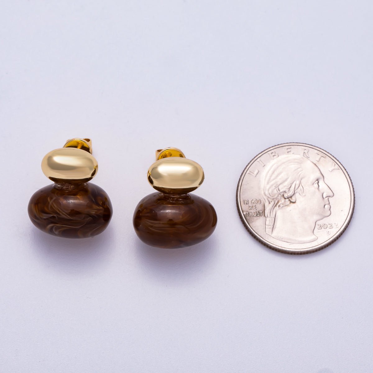 16K Gold Filled 24mm Green, Brown, White Resin Oval Drop Stud Earrings | Earrings - 00370 ~ Earrings - 00373 - DLUXCA