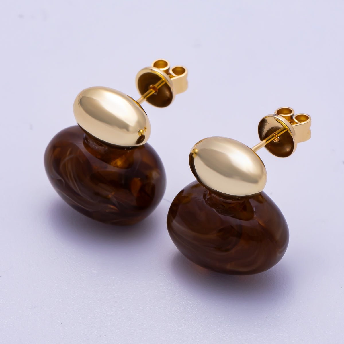 16K Gold Filled 24mm Green, Brown, White Resin Oval Drop Stud Earrings | Earrings - 00370 ~ Earrings - 00373 - DLUXCA