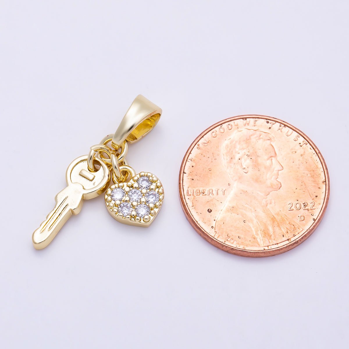 16K Gold Filled 24mm Micro Paved CZ Heart Key Pendant | Charms-01386 - DLUXCA