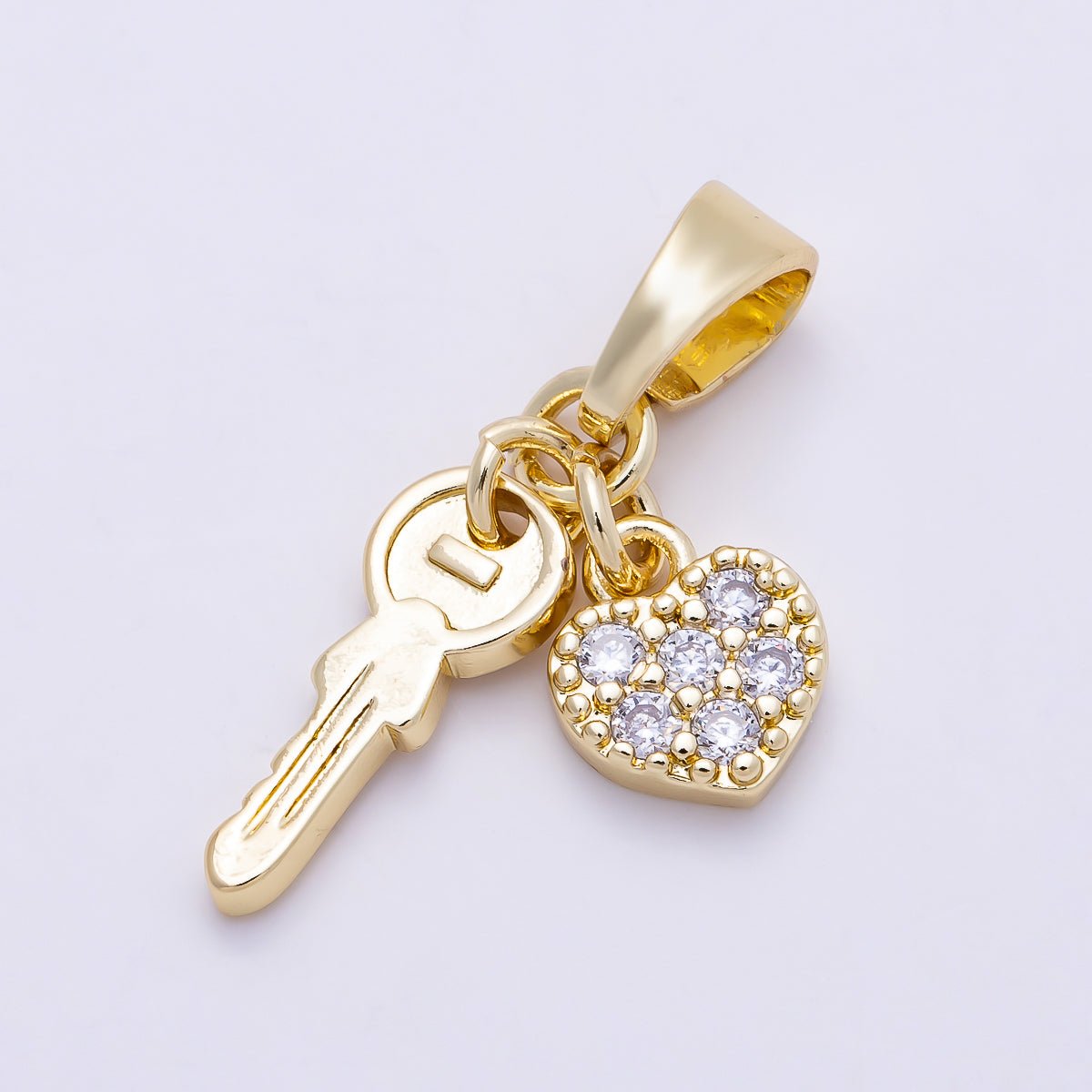 16K Gold Filled 24mm Micro Paved CZ Heart Key Pendant | Charms-01386 - DLUXCA
