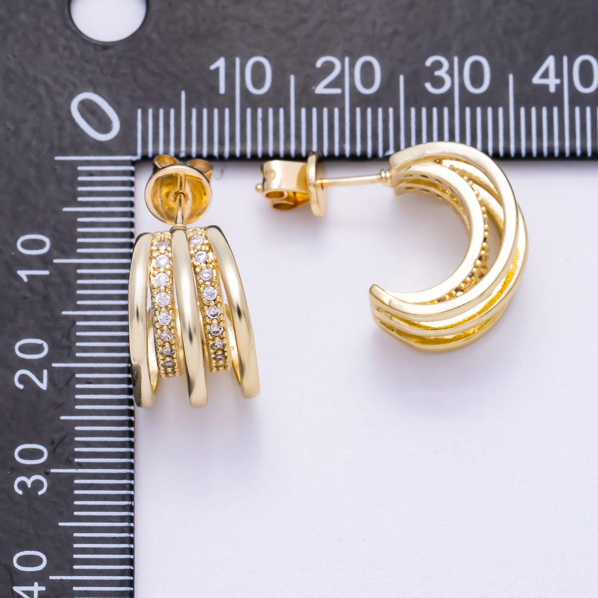 16K Gold Filled 24mm Micro Paved CZ Triple Band C - Shaped Hoop Earrings | Earrings - 00326 - DLUXCA