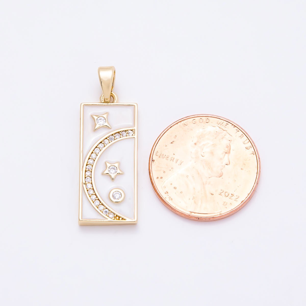 16K Gold Filled 24mm Micro Paved CZ White Enamel Celestial Moon Star Rectangular Tag Pendant | Charms-00953 - DLUXCA